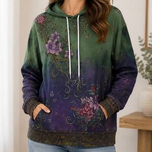 Green Purple Floral Scroll Print Pullover‎ Hoodie Medium Artsy Boho Fairycore